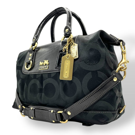 コーチ COACH 2WAY ハンドバッグ ボストンバッグ ショルダーバッグ 12947 シグネチャー 黒 ブラック ジャガード レザー 金金具 ゴールド金具 チャーム付き E5