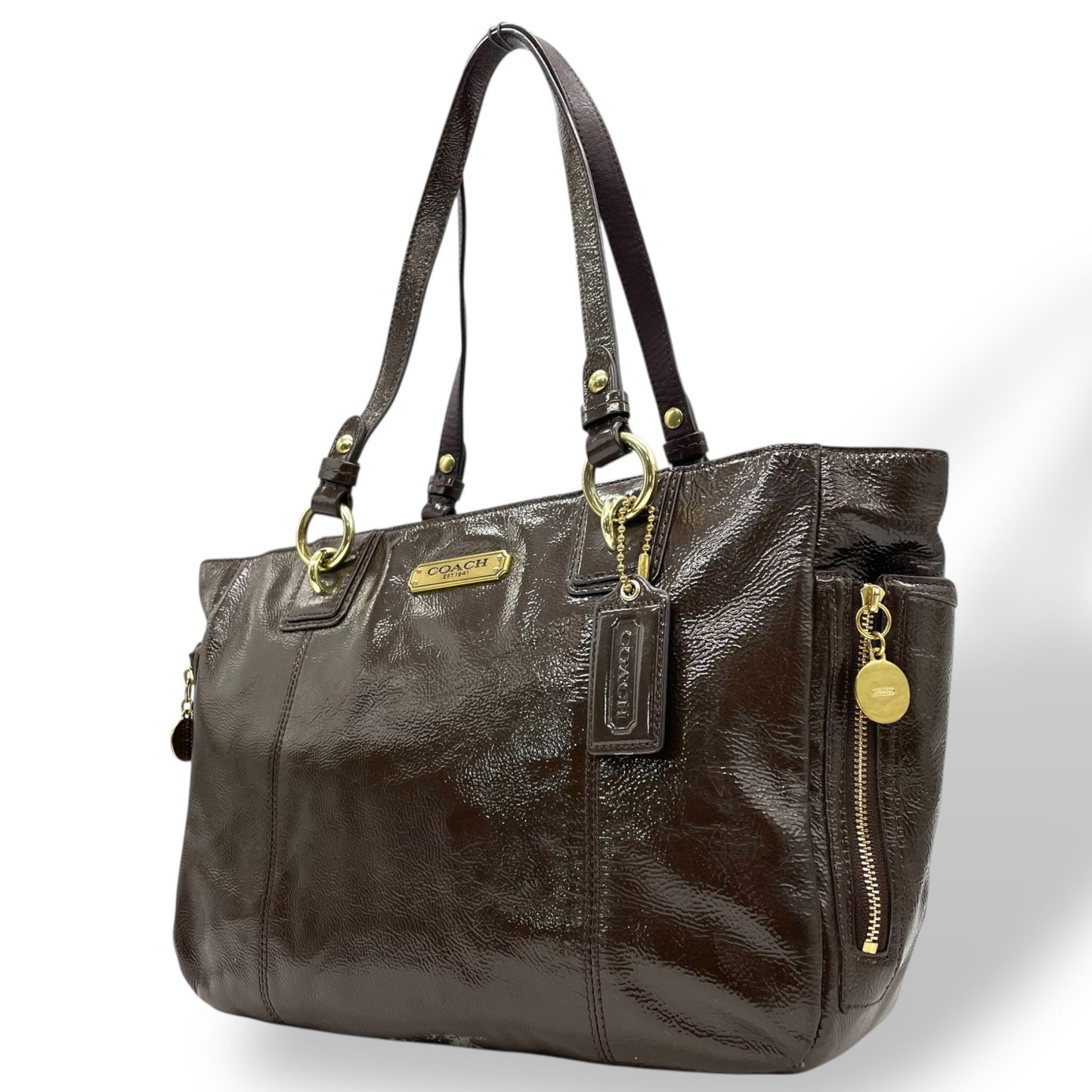 コーチ COACH トートバッグ パテントレザー F20431 茶色 ブラウン 金金具 ゴールド金具 チャーム付き A4対応 通勤 通学 S93