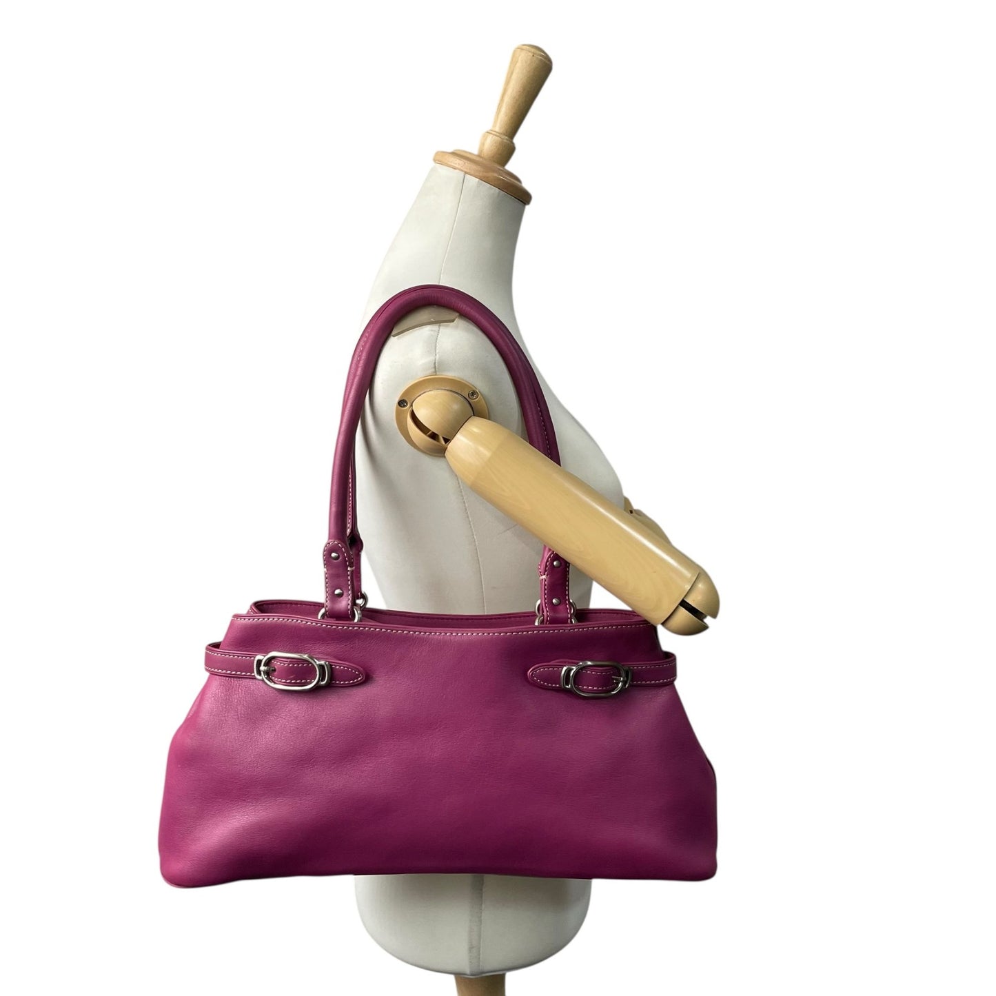 コールハーン COLE HAAN ハンドバッグ ロングハンドル レザー パープル ピンク シルバー金具 ステッチデザイン 上品カラー T3