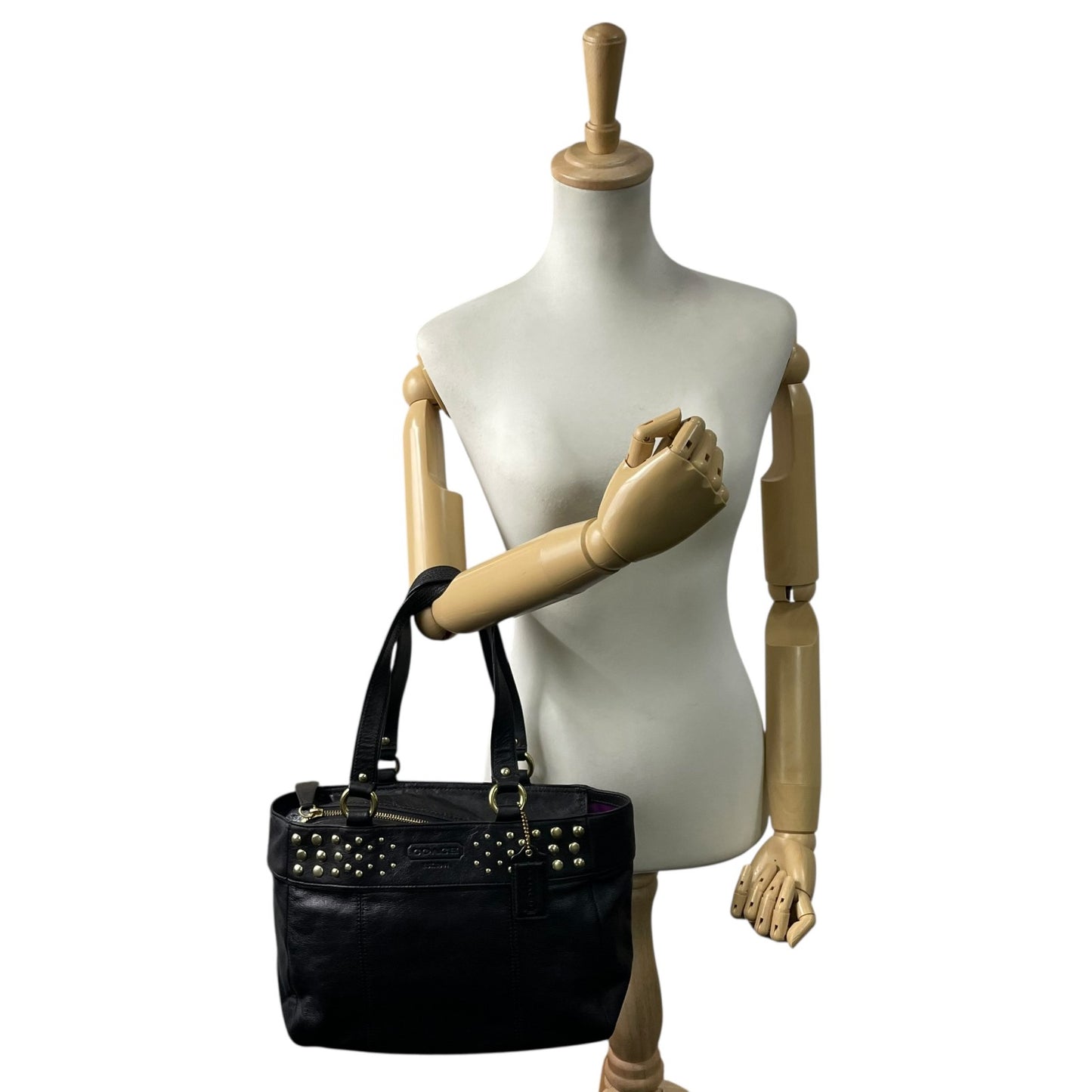 コーチ COACH ハンドバッグ ミニトート F15235 イーストウエスト ブラック レザー ゴールド金具 スタッズ ロゴチャーム付き レディース U17