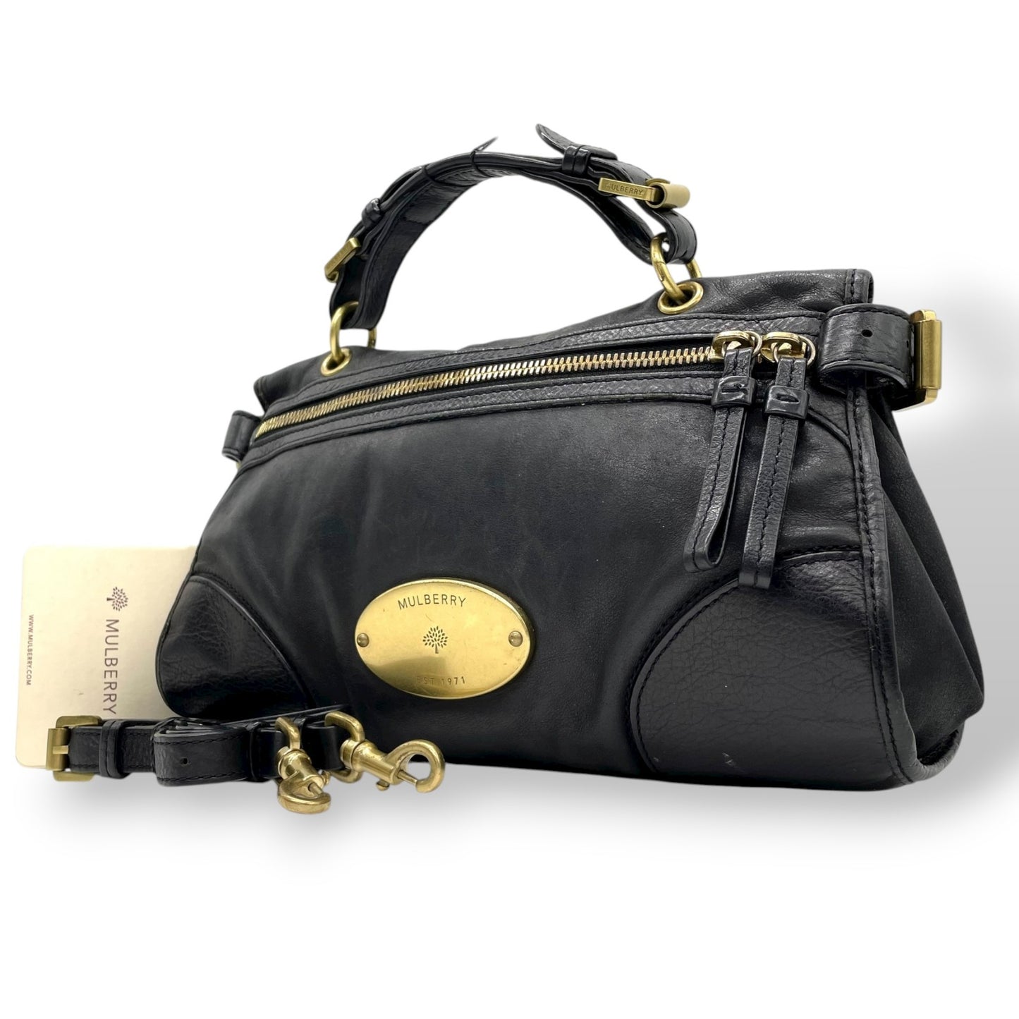 MULBERRY マルベリー 2WAY ハンドバッグ ショルダーバッグ ブラック レザー ゴールド金具 オーバルロゴプレート トップハンドル ヴィンテージ レディース K12