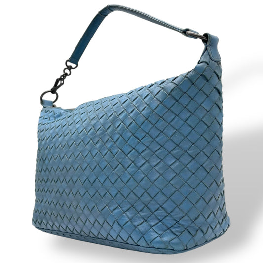 ボッテガヴェネタ イントレチャート ライトブルー レザー ハンドバッグ ショルダー ヴィンテージ 編み込み 革 旧ロゴ イタリア製 上品　k11