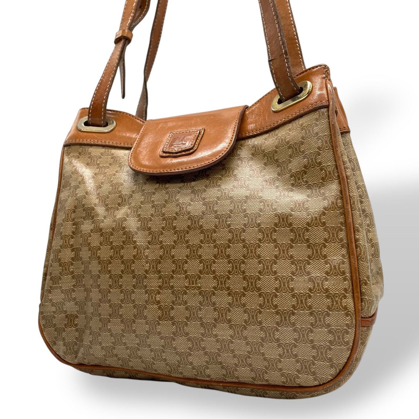 Authentic CELINE Macadam Trionf Shoulder Bag Beige Brown PVC Leather Gold Hardware Women's Flap