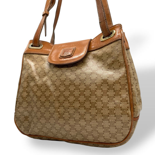 Authentic CELINE Macadam Trionf Shoulder Bag Beige Brown PVC Leather Gold Hardware Women's Flap