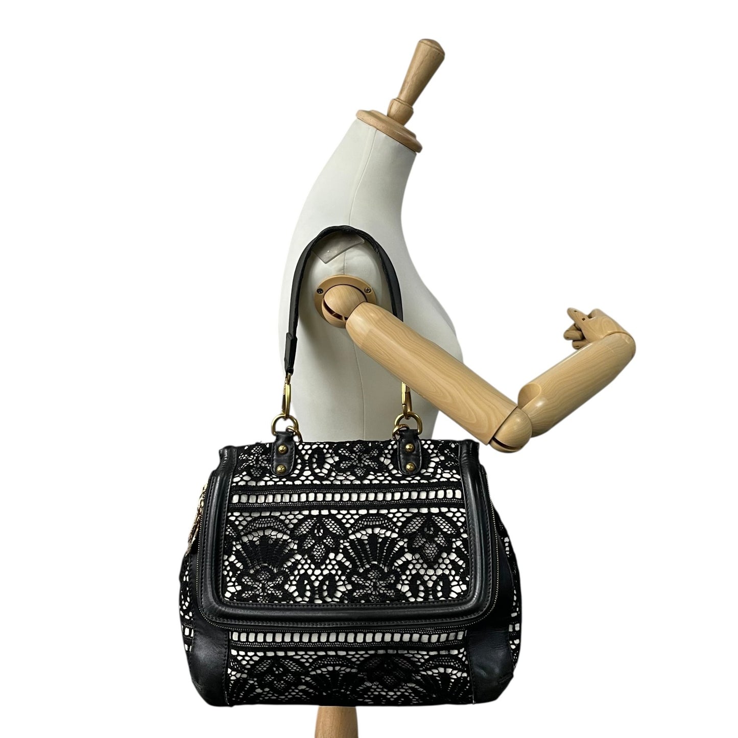 Authentic DOLCE&GABBANA Sicily Heritage 2WAY Handbag Tote Shoulder Bag Black White Ivory Lace Leather Gold Hardware Women's