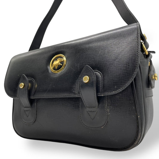 Authentic HUNTING WORLD Carryall Messenger Bag Shoulder Bag Black Leather Gold Hardware Women's Crossbody