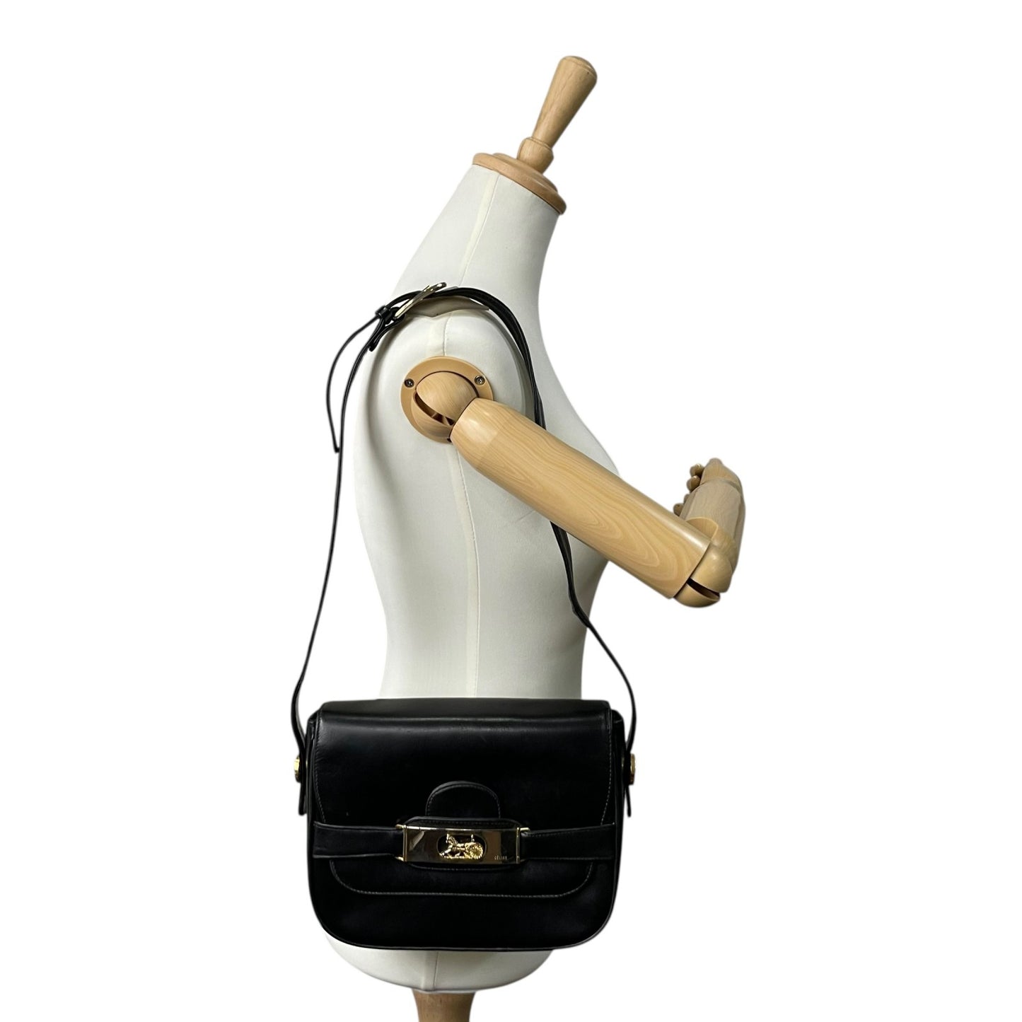 Authentic CELINE Shoulder Bag Black Leather Horse Carriage Gold Hardware Vintage Women's Crossbody