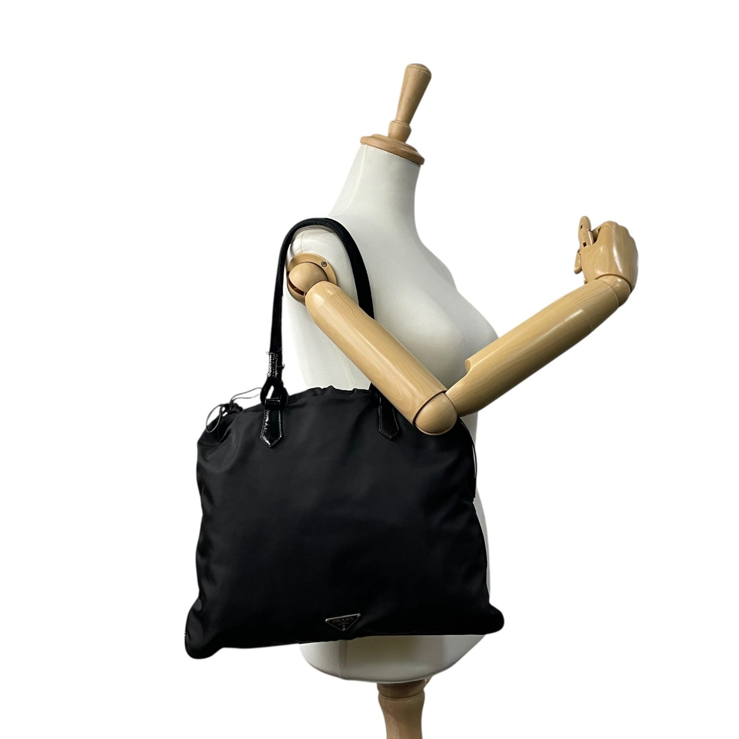 Authentic PRADA Black Handbag Tote Triangular Logo Plate Nylon Patent Leather Silver Hardware Shoulder Bag Men's Women's