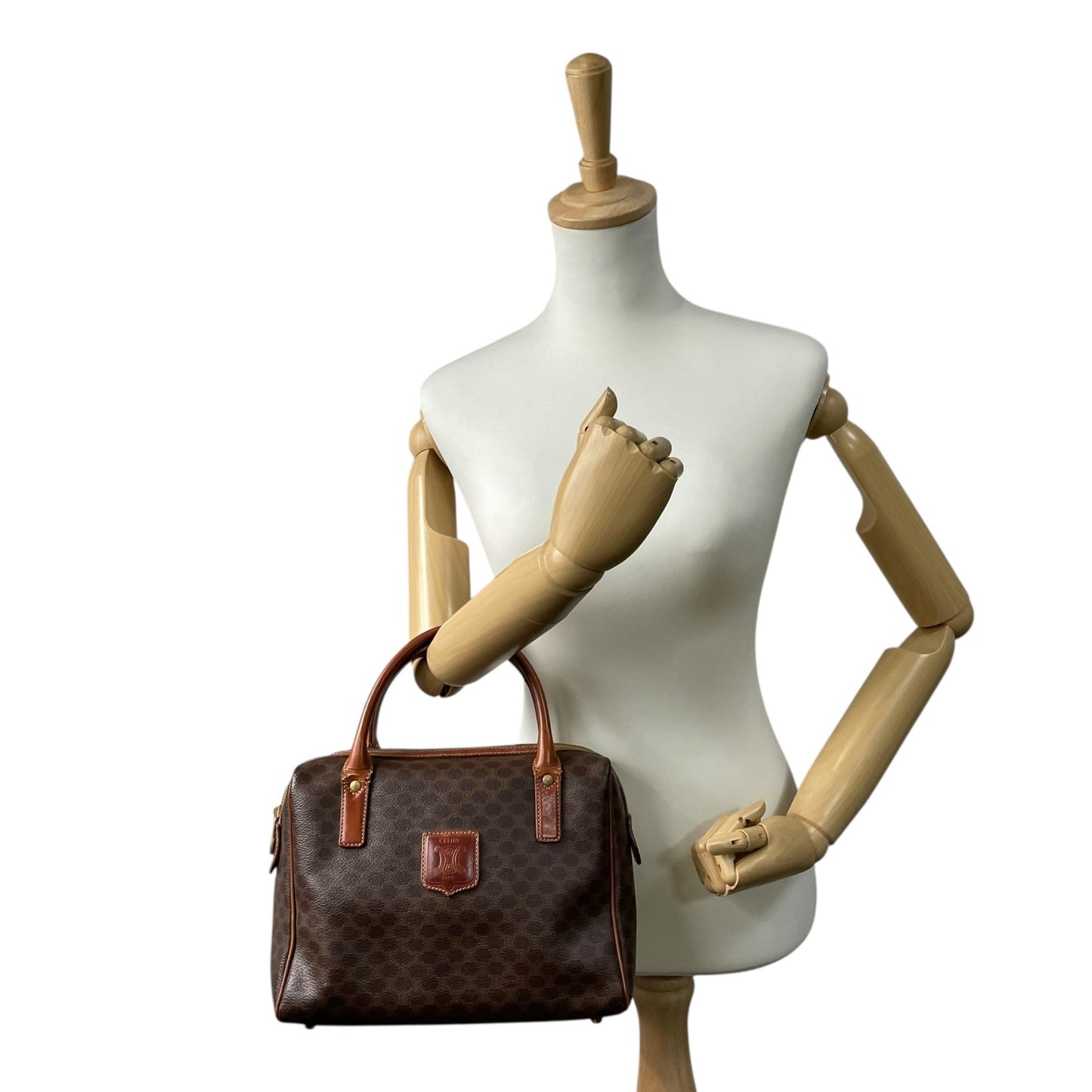 Authentic CELINE Vintage Macadam Handbag Brown PVC Leather Gold Hardware Logo Women's