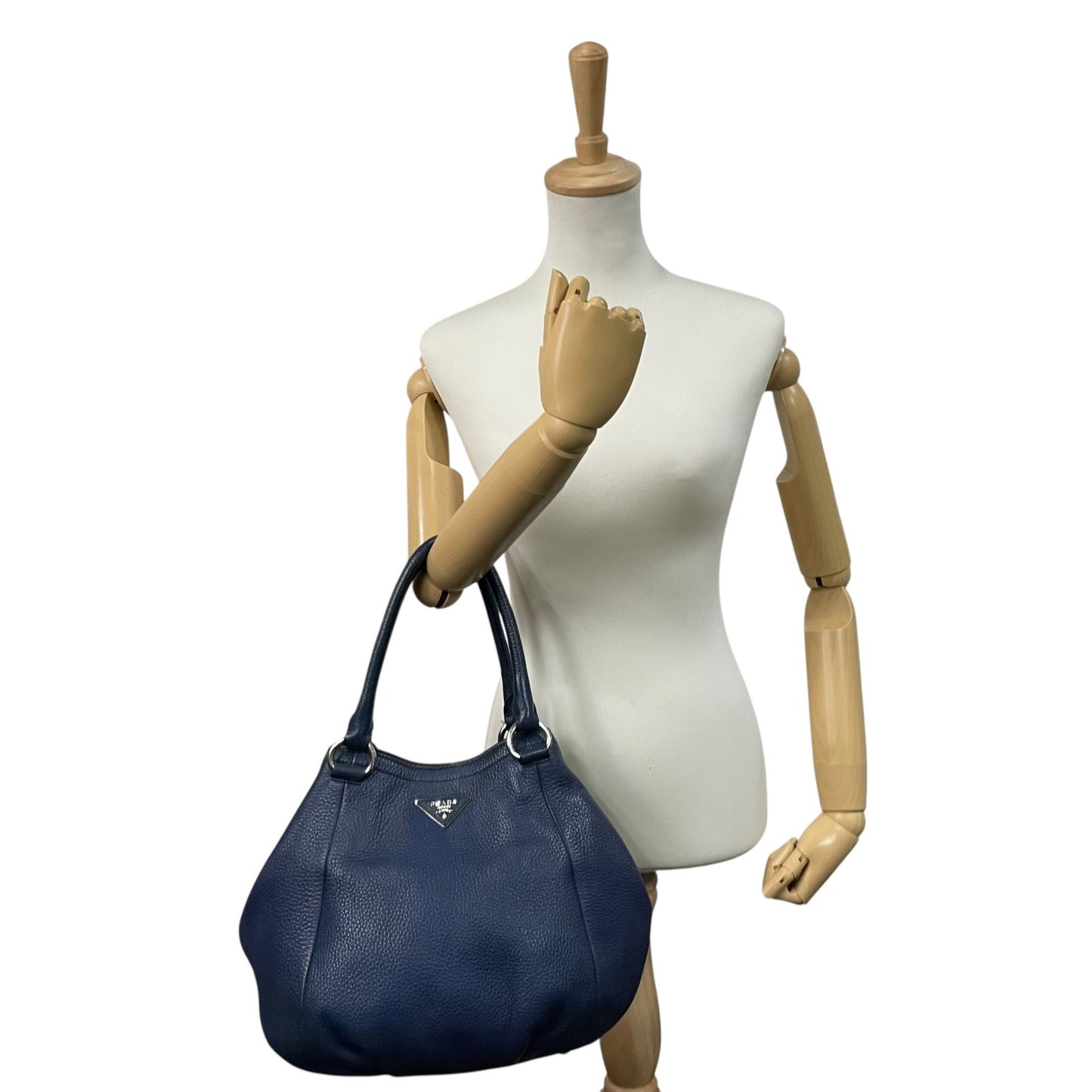 美品 PRADA プラダ 2WAY ハンドバッグ ショルダーバッグ レザー ネイビーブルー ヴィッテロ シルバー金具 B2343M 三角ロゴ 斜め掛け可 手提げ レディース Z4