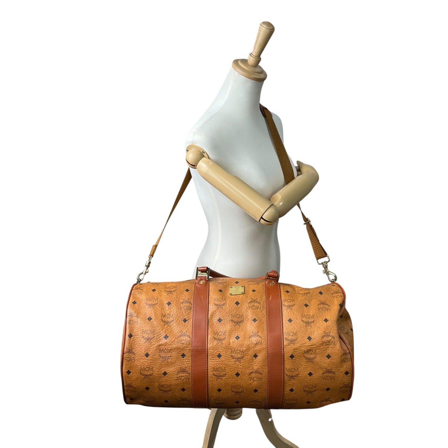 美品 MCM エムシーエム ヴィセトス ボストンバッグ 2WAY ショルダーバッグ 茶 ブラウン コニャック レザー ゴールド金具 手提げ 斜め掛け可 ロゴ レディース X