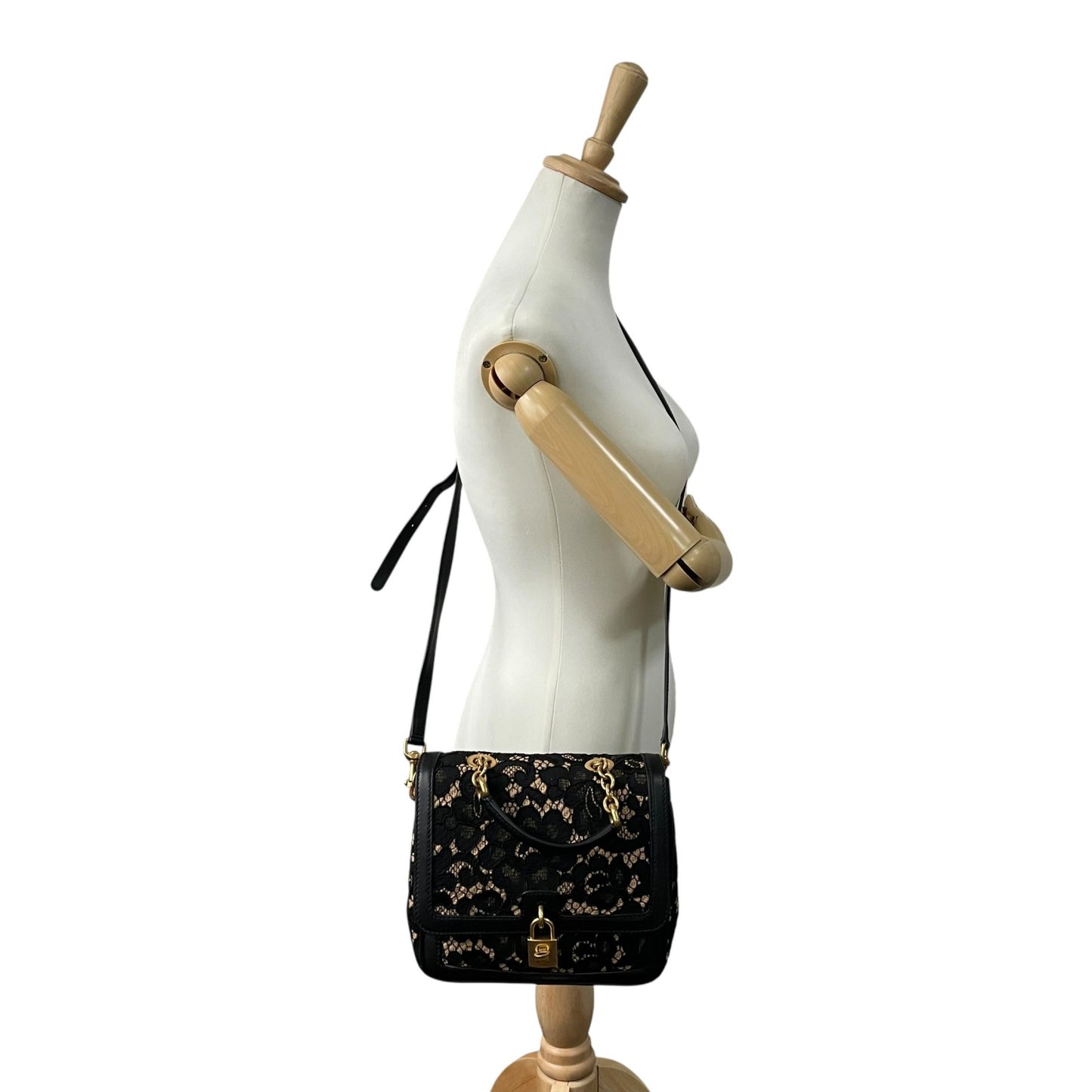 極美品 DOLCE&GABBANA ドルチェ＆ガッバーナ ドルガバ Miss Dolce 2WAY ハンドバッグ ショルダーバッグ レース レザー ベージュ ブラック 黒 レディース D&G ゴールド金具 パドロック 斜め掛け可 内側レオパード C