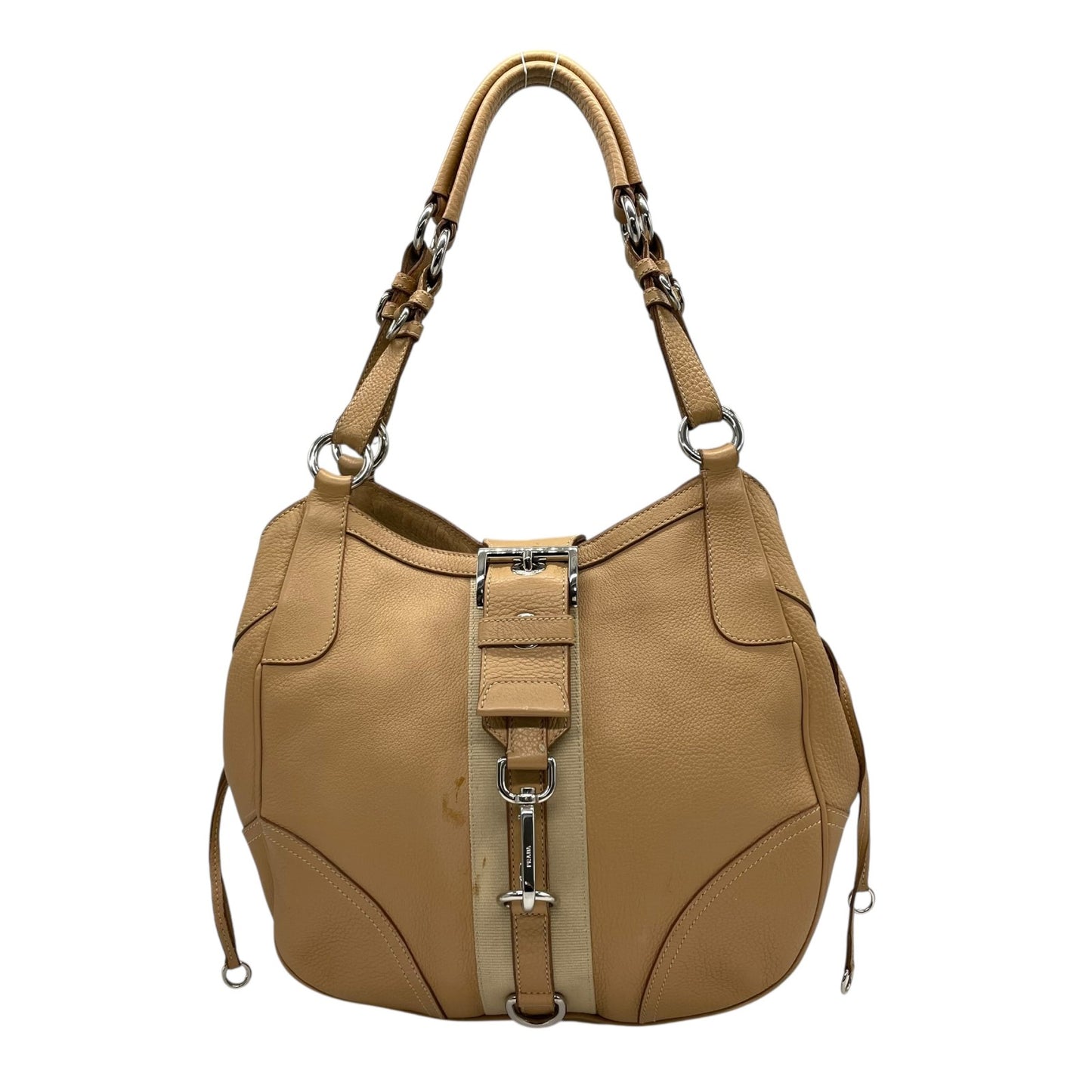 PRADA プラダ ワンショルダーバッグ ライトブラウン ベージュ レザー シボ革 トライアングルロゴ ベルトデザイン シルバー金具 C4