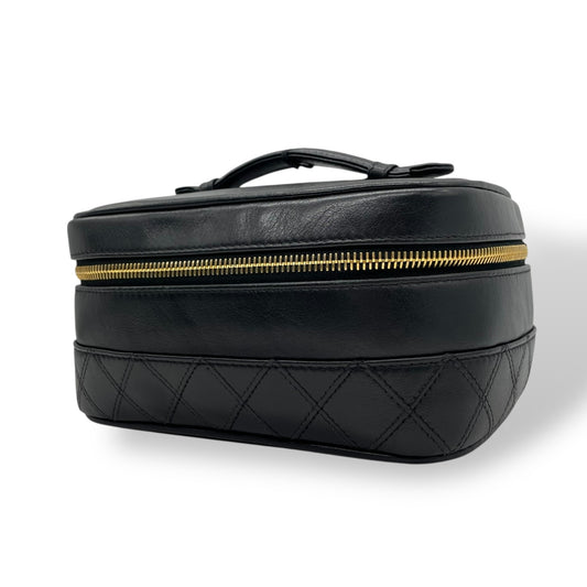 Authentic CHANEL Vanity Bag Handbag Black Bi-Color Leather Gold CC Logo Italy Women