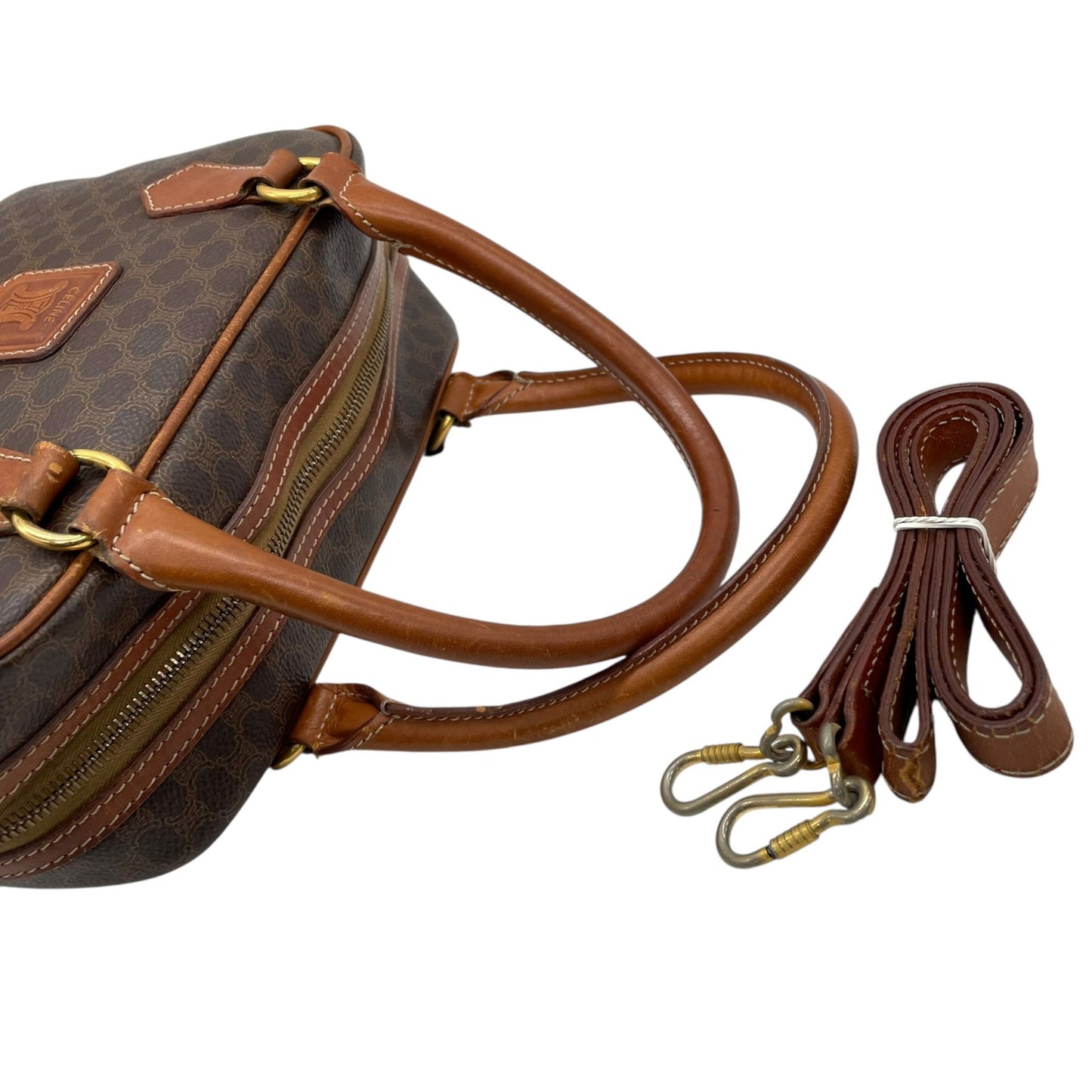 CELINE セリーヌ マカダム 2WAY ハンドバッグ ショルダーバッグ PVC レザー 茶 ブラウン ゴールド金具 斜め掛け可 レディース ヴィンテージ D3