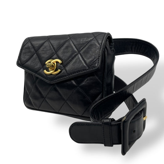 Authentic CHANEL Matelasse Waist Pouch Bag Black Quilted Leather Turnlock Vintage