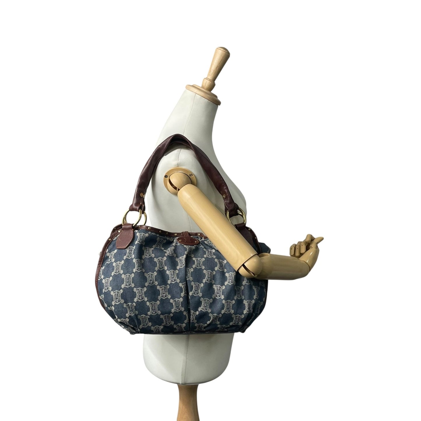 Authentic CELINE Pari Macadam Triomphe Denim Leather Handbag Brown Hardware