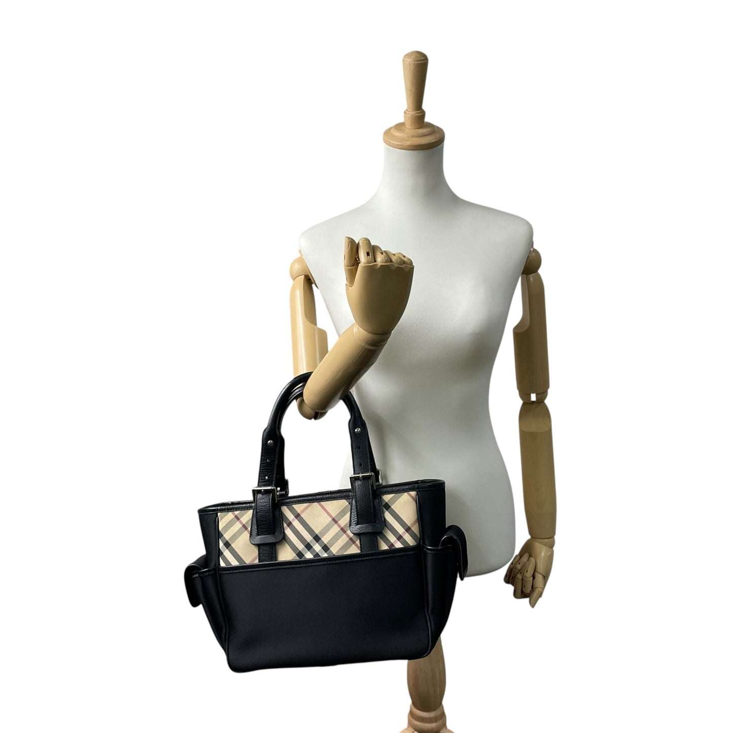 Authentic BURBERRY Check Nylon Leather Tote Bag Black A4 Size