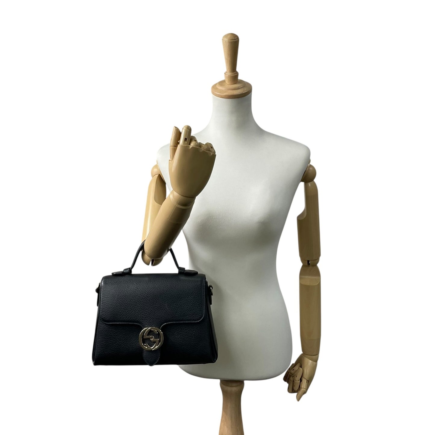 Authentic GUCCI Interlocking G 2Way Handbag Shoulder Bag Black Leather Gold