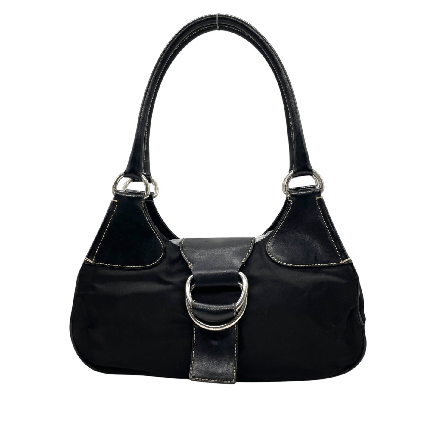 PRADA プラダ ワンショルダーバッグ ショルダーバッグ 黒 ブラック 肩掛け シルバー金具 ベルトデザイン フラップ ナイロン×レザー 三角ロゴ トライアングルロゴ ヴィンテージ テスート D1