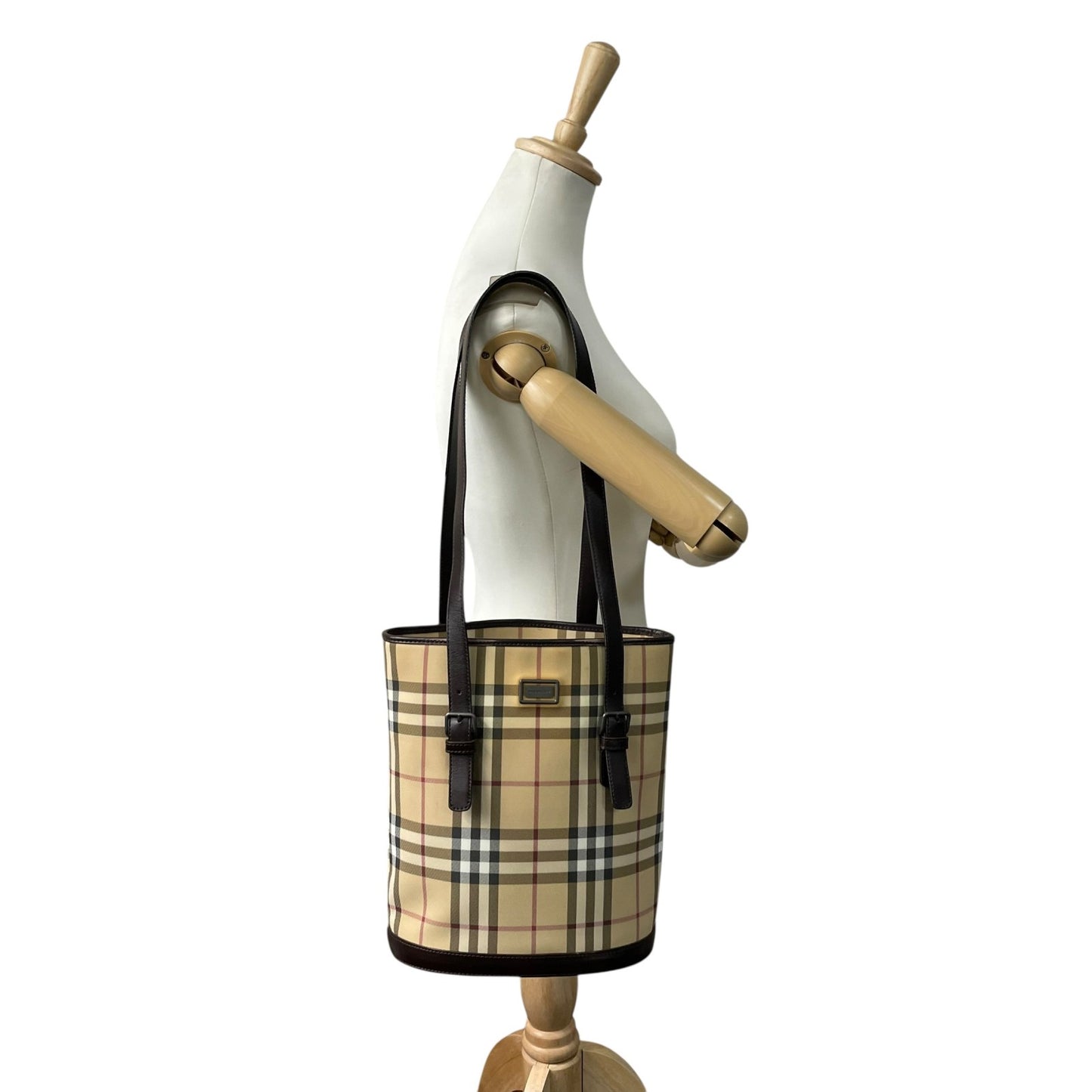 美品 BURBERRY バーバリー ノバチェック バケツ型 ショルダーバッグ トートバッグ PVC レザー ベージュ レッド ダークブラウン メンズ レディース 肩掛け C3