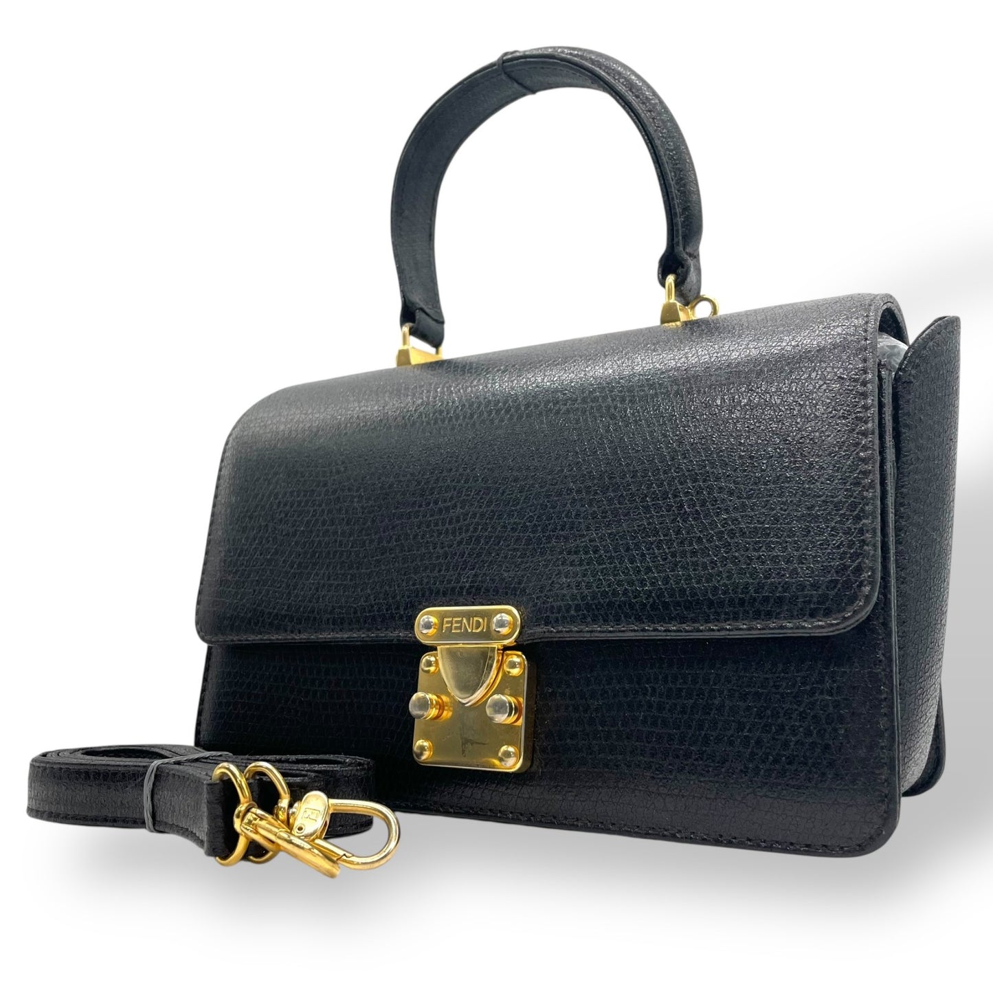 FENDI フェンディ ハンドバッグ 2way ショルダーバッグ 黒 ブラック レザー ゴールド金具 FF ロゴ ヴィンテージ 本革 トップハンドル Fendi Handbag Shoulder Bag Vintage D