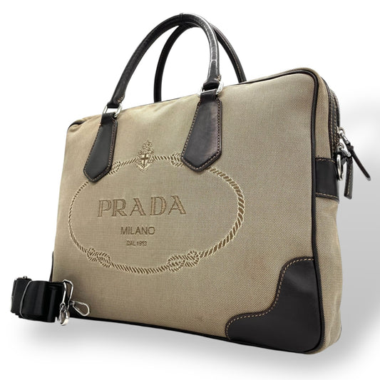 PRADA プラダ ジャガードロゴ 2WAY ビジネスバッグ ショルダーバッグ キャンバス レザー ベージュ ブラウン 南京錠 メンズ レディース Z4