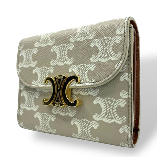 CELINE セリーヌ 三つ折り財布 トリオンフキャンバス PVC スモール コンパクトウォレット ベージュ ホワイト 10D78 レディース メンズ ユニセックス M5