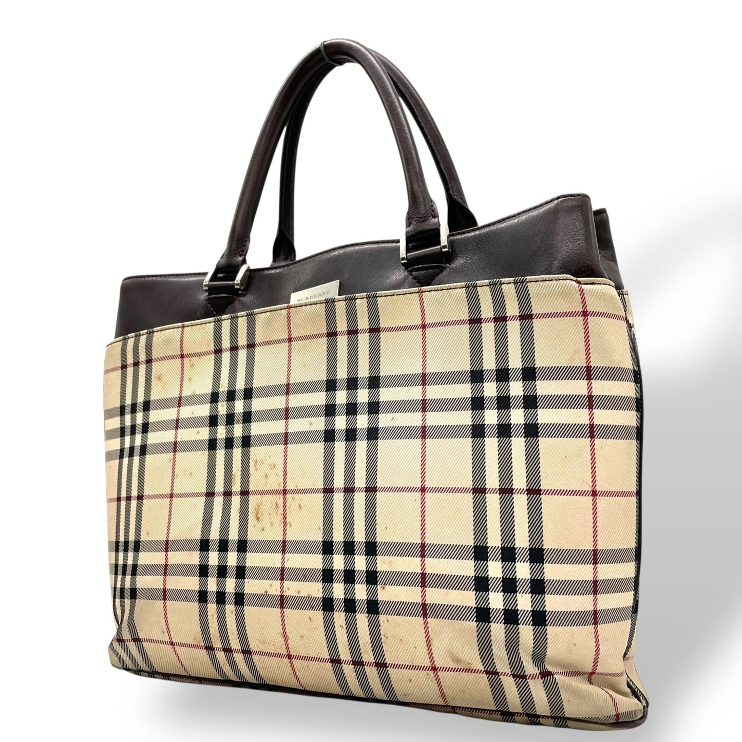 BURBERRY バーバリー ハンドバッグ トートバッグ ノバチェック チェック柄 ベージュ ブラウン キャンバス レザー シルバー金具 ロゴプレート レディース C2