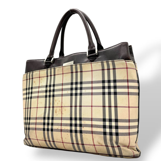 BURBERRY バーバリー ハンドバッグ トートバッグ ノバチェック チェック柄 ベージュ ブラウン キャンバス レザー シルバー金具 ロゴプレート レディース C2
