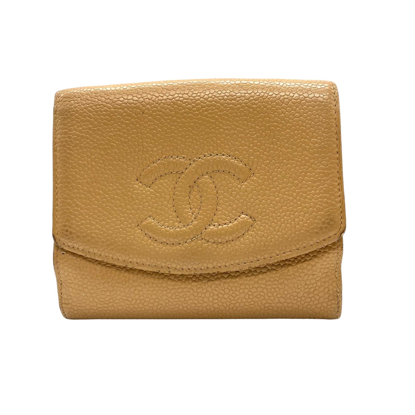 シャネル CHANEL 三つ折り財布 キャビアスキン調 レザー ココマーク 型押し キャメル ゴールド金具 金金具 箱・カード付 シール付 W2