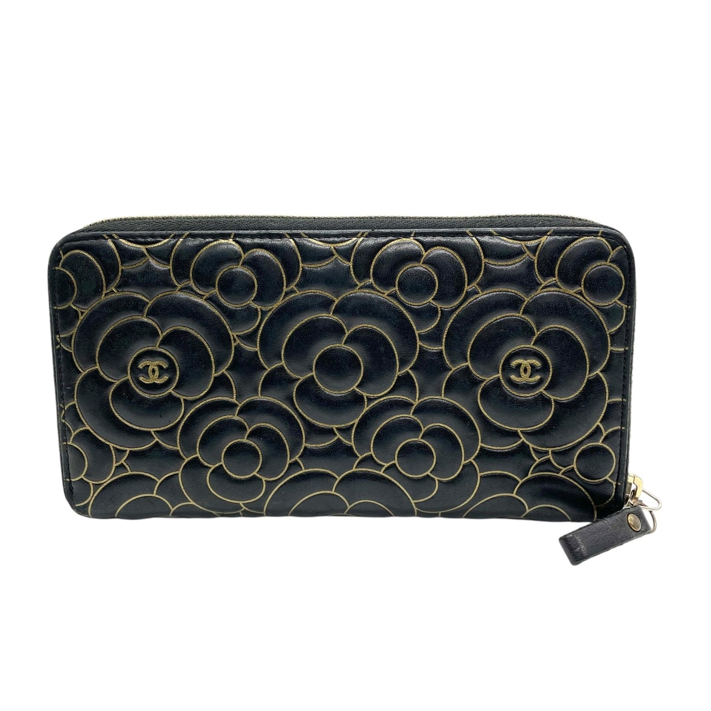 美品 シャネル CHANEL カメリア ラウンドファスナー 長財布 ブラック 黒 レザー 金 ゴールド金具 ココマーク 型押し ウォレット W6