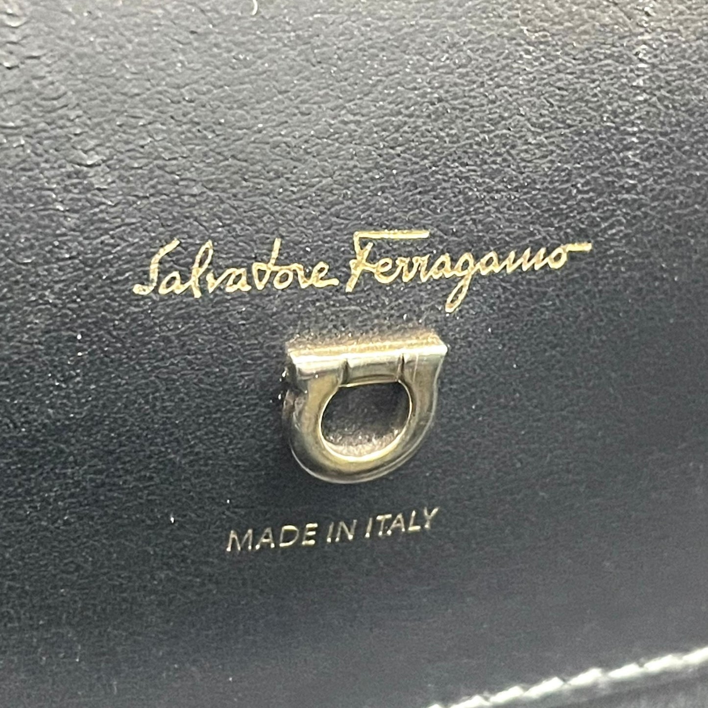 美品 Salvatore Ferragamo サルヴァトーレ フェラガモ ガンチーニ チェーン柄 ハンドバッグ 紺 ネイビー 黒 ブラック キャンバス レザー ゴールド金具 レディース B