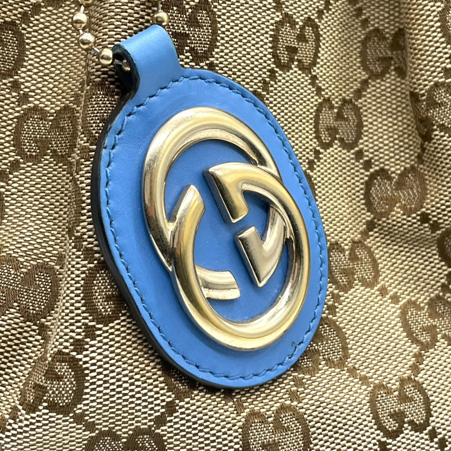 美品 GUCCI グッチ スーキー ハンドバッグ 2way ショルダーバッグ GG柄 キャンバス ジャカード レザー インターロッキング ブルー 青 チャーム付き 247902 K8