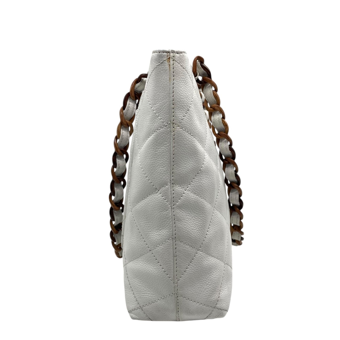 シャネル CHANEL トートバッグ キャビアスキン マトラッセ ココマーク 白 ホワイト ブラウンチェーン シルバー金具 C