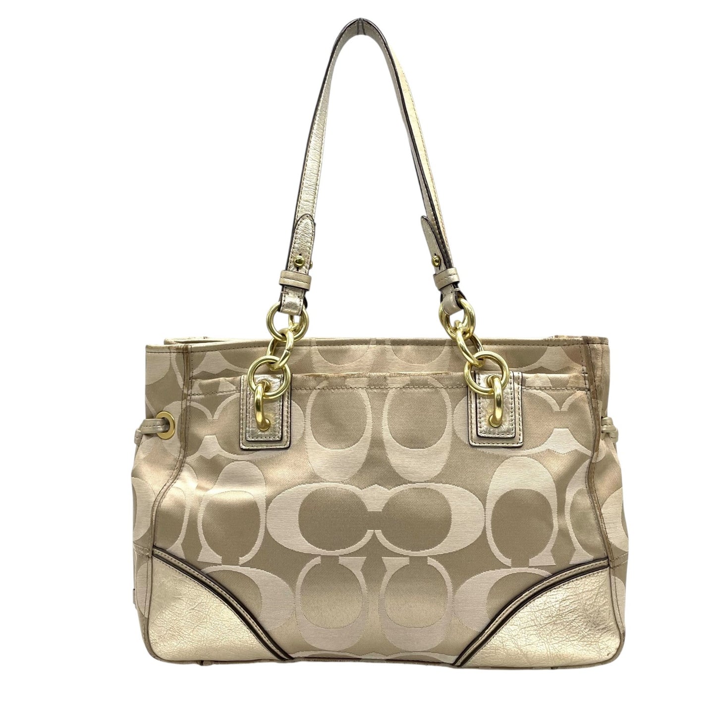 COACH コーチ トートバッグ ショルダーバッグ F16475 コレット シグネチャー キャリーオール サテン キャンバス レザー ベージュ ゴールド 肩掛け可 レディース E10
