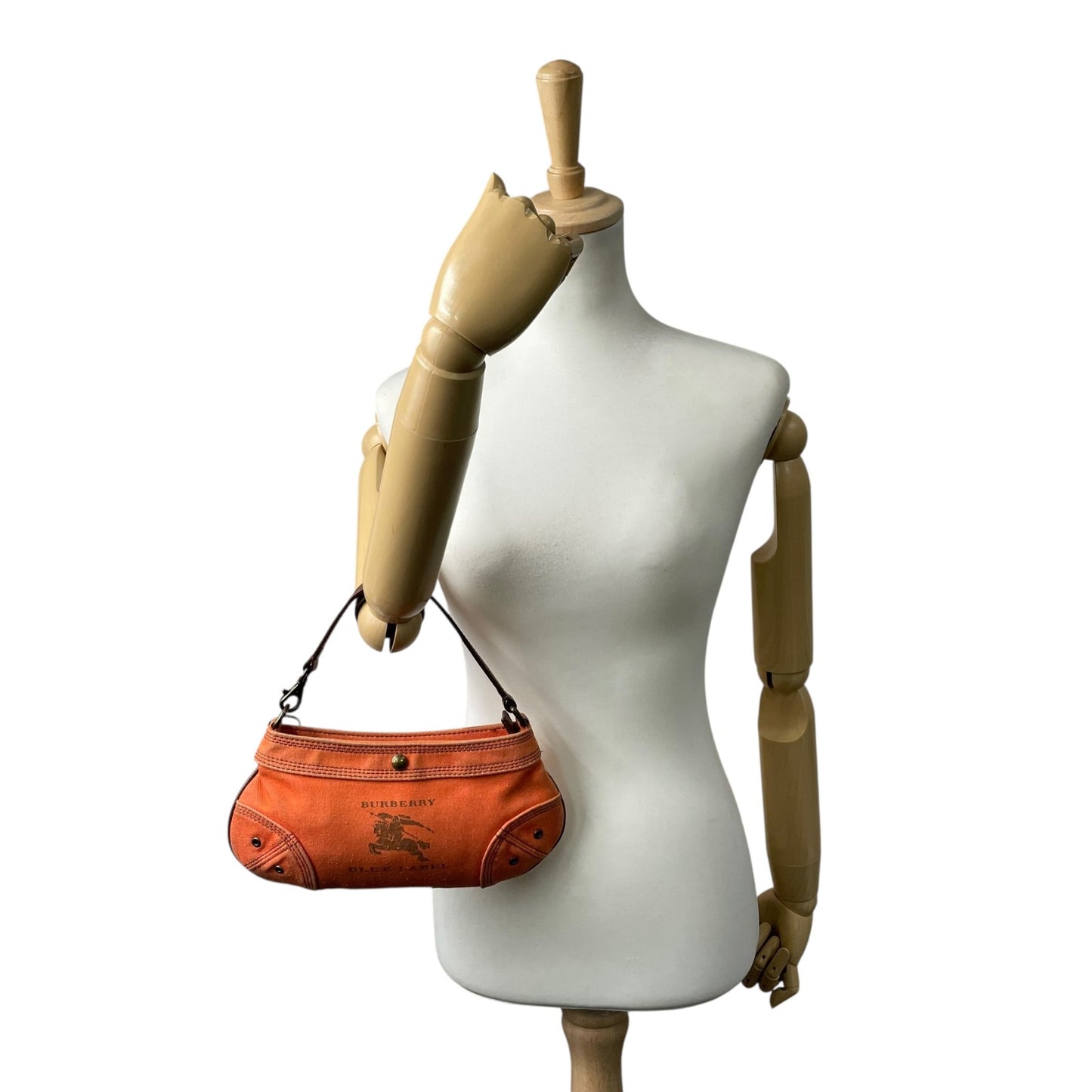 BURBERRY BLUE LABEL バーバリーブルーレーベル アクセサリーポーチ ミニハンドバッグ ホースロゴ オレンジ 茶 ブラウン キャンバス レザー ゴールド金具 Y2K レディース U9