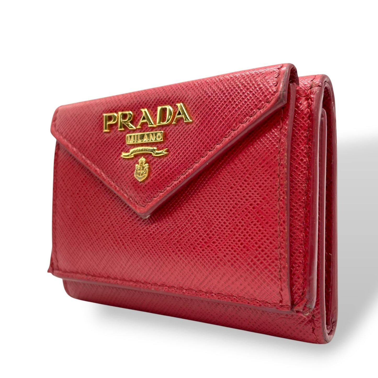 プラダ PRADA サフィアーノレザー 三つ折り財布 ミニウォレット 赤 レッド ゴールドロゴ コンパクトウォレット M5