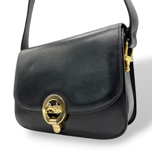 美品 セリーヌ CELINE ホースロゴ ホースキャリッジ金具 ショルダーバッグ 黒 ブラック レザー ヴィンテージ 馬車金具 金金具 ゴールド K5