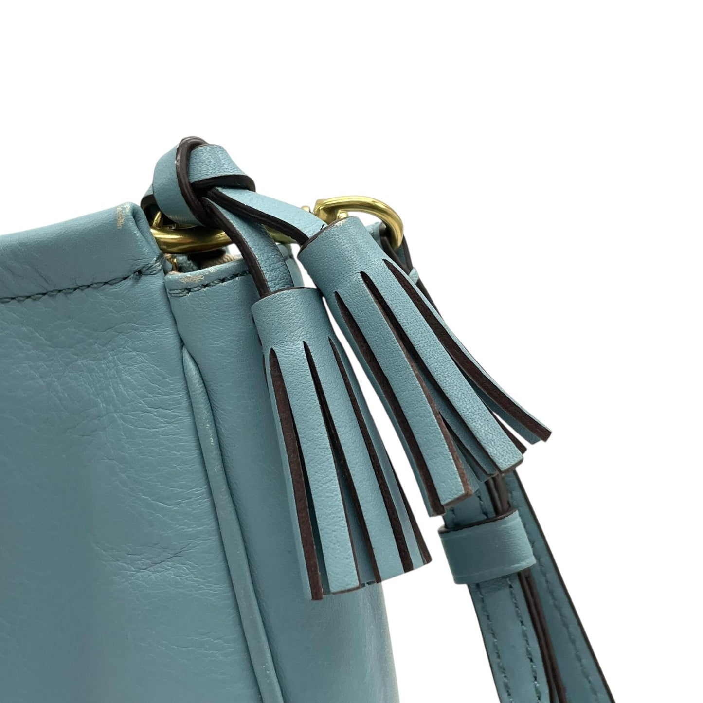 美品 コーチ COACH ポーチ レザー スカイブルー タッセル付き ロゴ 上品 コンパクト 本革 S52