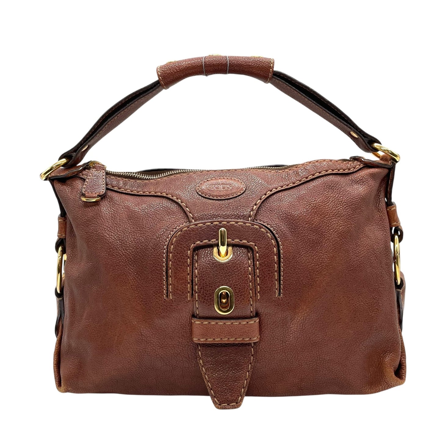 トッズ TOD’S レザー ハンドバッグ 茶色 ブラウン 金金具 ゴールド金具 ステッチデザイン 本革 B4