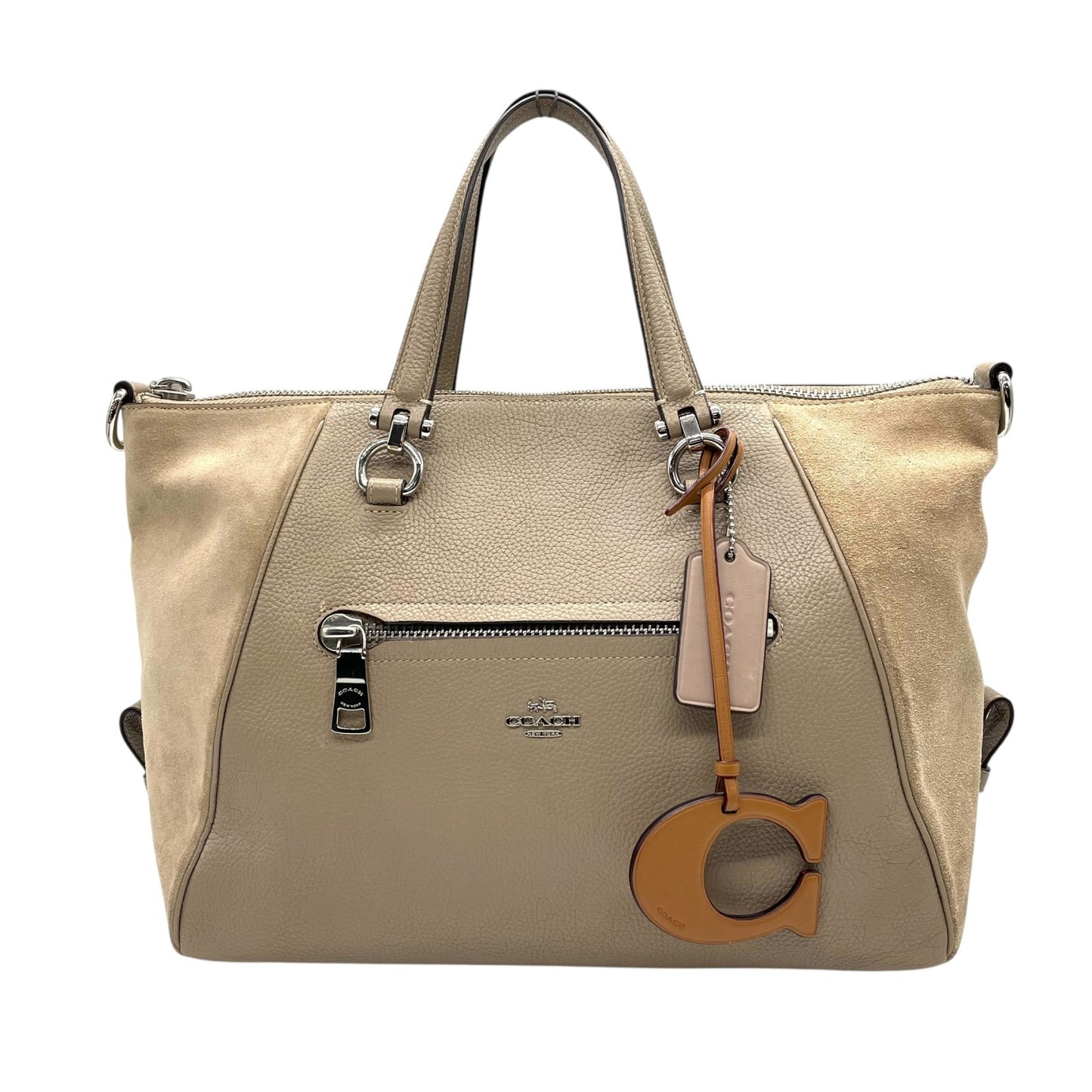 コーチ COACH Cチャーム トートバッグ ハンドバッグ スエード レザー グレー ベージュ シルバー金具 T4