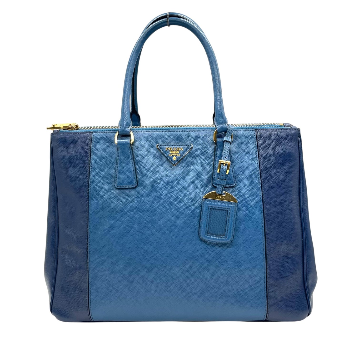 極美品 プラダ PRADA ガレリア ハンドバッグ トートバッグ 2way ショルダーバッグ サフィアーノレザー 三角ロゴ ブルー ゴールド金具 ハンドバッグ メンズ レディース A