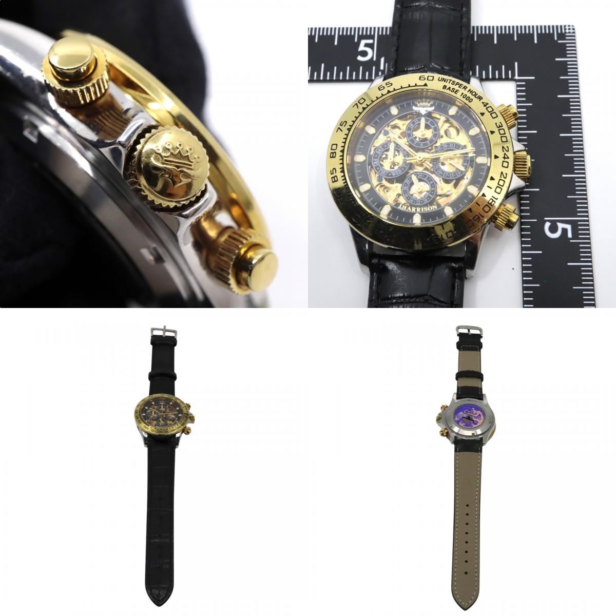 【極美品】ジョン・ハリソン J.Harrison 腕時計 JH-003C スケルトン 自動巻き ゴールド ブラック メンズ レザーベルト アナログ タキメーターベゼル シースルーバック クラシック ゴージャスデザイン G2