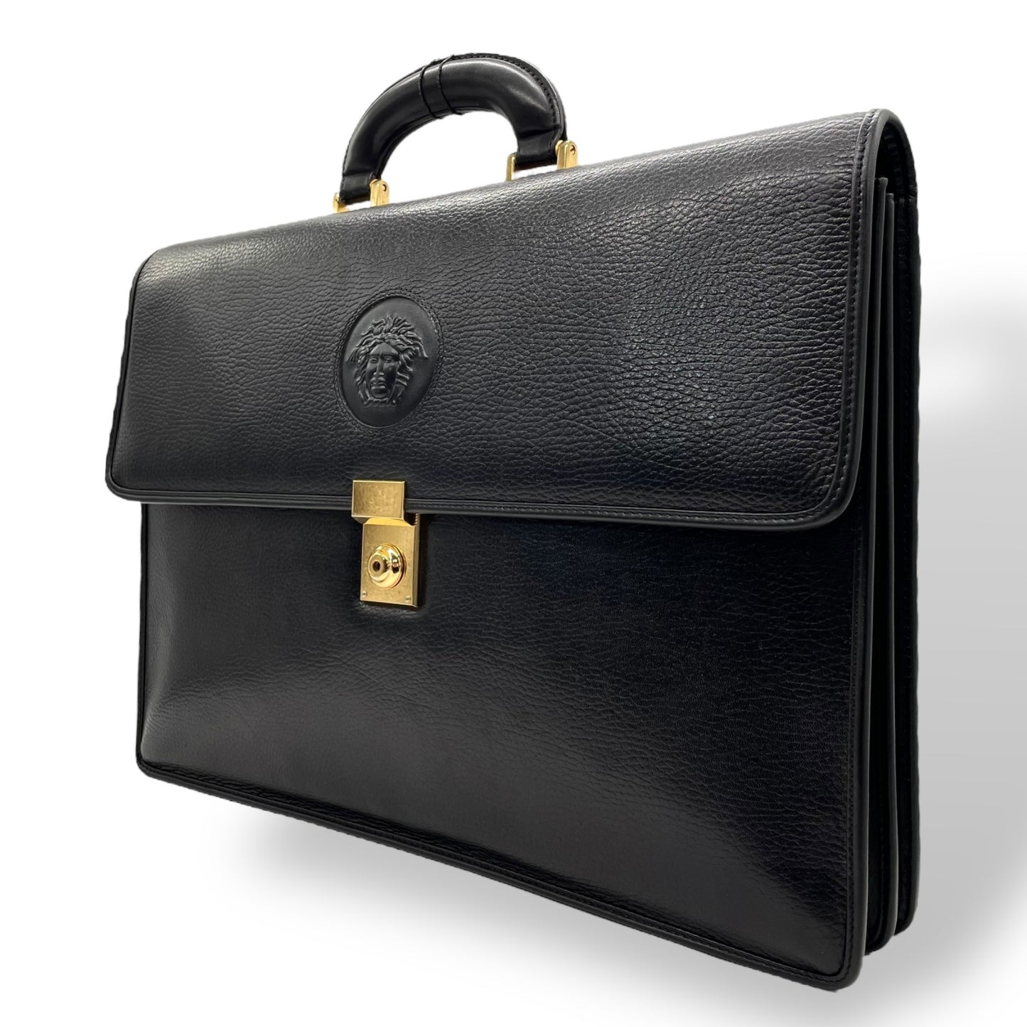 美品 ヴェルサーチ VERSACE メデューサ レザー ブリーフケース 書類バッグ ビジネスバッグ 黒 ブラック ゴールド金具 メンズ E