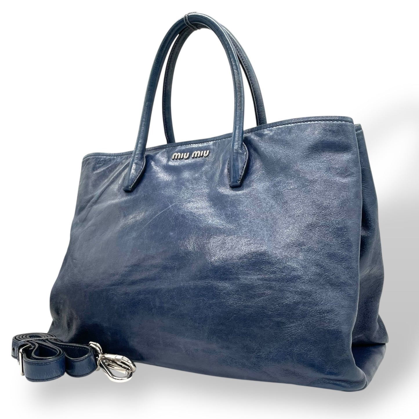 ミュウミュウ miumiu トートバッグ ショルダーバッグ ネイビー 紺 2way レザー 手提げ 斜め掛け可 シルバー金具 ロゴ レディース K10 archive 002 Y2K