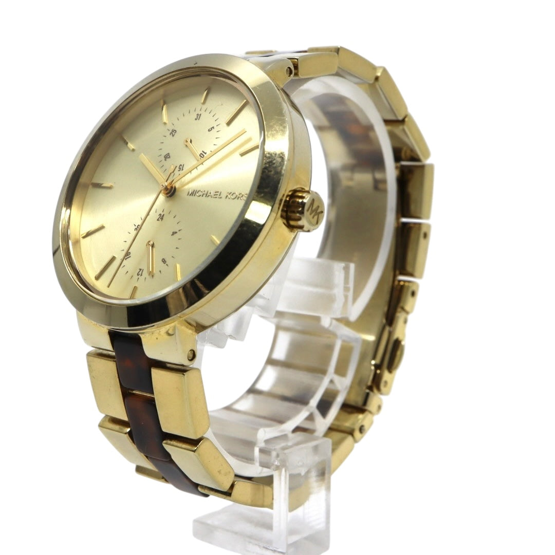 美品 電池交換済 クリーニング済 マイケルコース MICHAEL KORS 腕時計 MK-6471 レディースウォッチ クォーツ ゴールド べっ甲柄 ステンレススチール アナログ マルチファンクション エレガント クラシック ドレスウォッチ 稼働品 G3