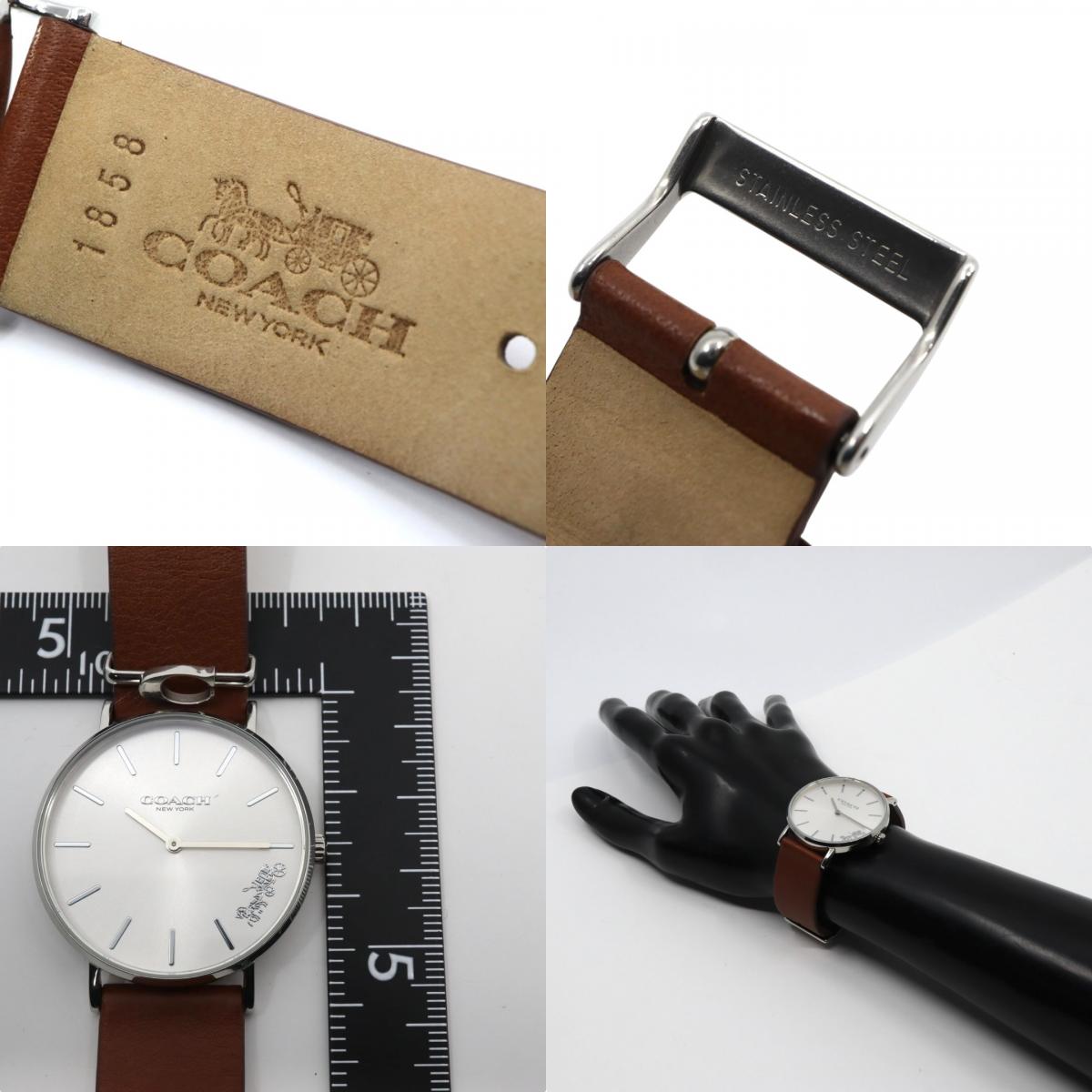 未使用級 美品 電池交換済 コーチ COACH ペリー PERRY 腕時計 CA.120.7.14.1596 レディースウォッチ クォーツ シルバー文字盤 ブラウン レザーベルト アナログ シンプル エレガント クラシック ビジネス 普段使い 稼働品 G3