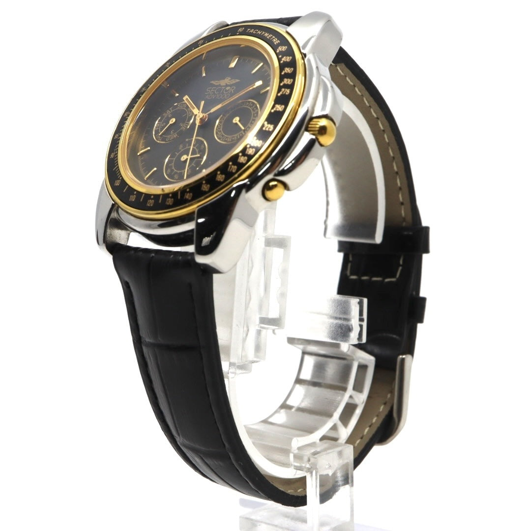 美品 電池交換済 新品ベルト セクター SECTOR ADV1000 腕時計 メンズウォッチ クロノグラフ タキメーター クォーツ ブラック文字盤 シルバー ゴールド ステンレス レザーベルト アナログ スポーツウォッチ 稼働品 G3