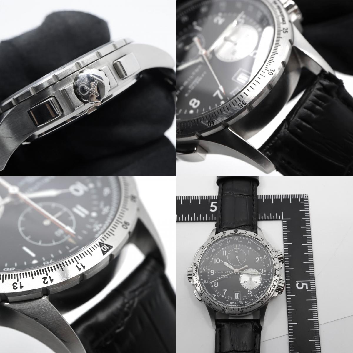 極美品 電池交換済 ハミルトン HAMILTON Estimate Time Over　カーキ E.T.O. H776120 腕時計 メンズ クロノグラフ クォーツ 黒文字盤 レザー アナログ アビエーション パイロットウォッチ スイス製 G3